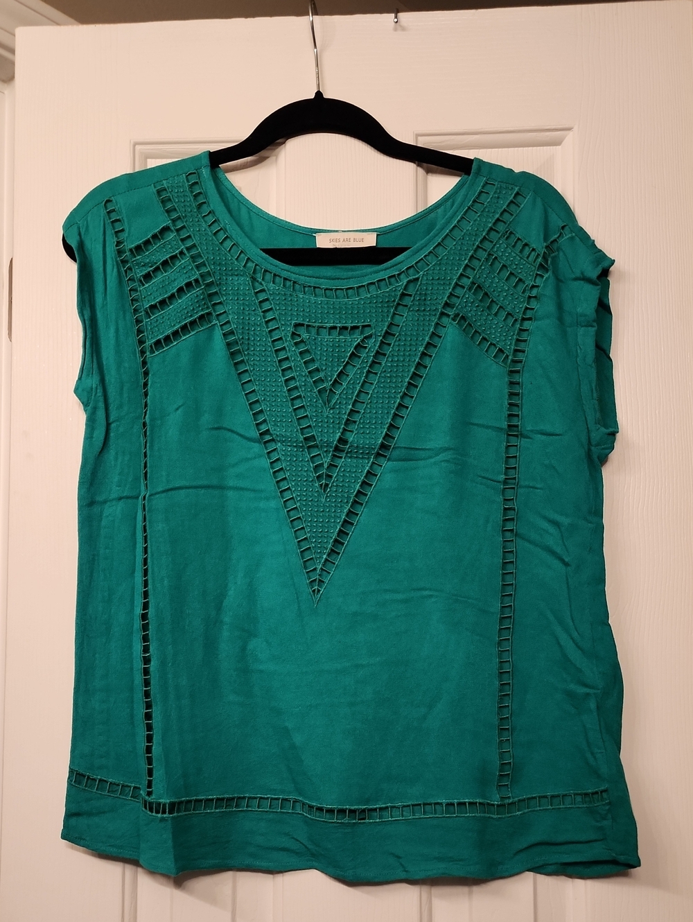 Skies Are Blue Green Crochet-Trim Cap Sleeve Blouse